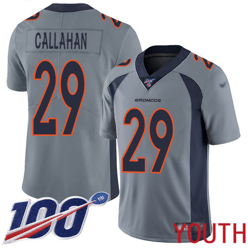 Youth Denver Broncos #29 Bryce Callahan Limited Silver Inverted Legend 100th Season Football NFL Jersey->youth nfl jersey->Youth Jersey